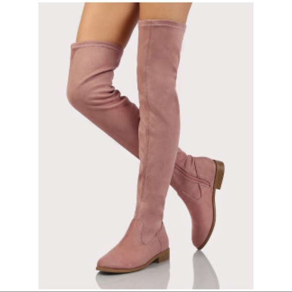 Over The Knee Low Heel Flat Pink Stretch Boot - Picture 2 of 6